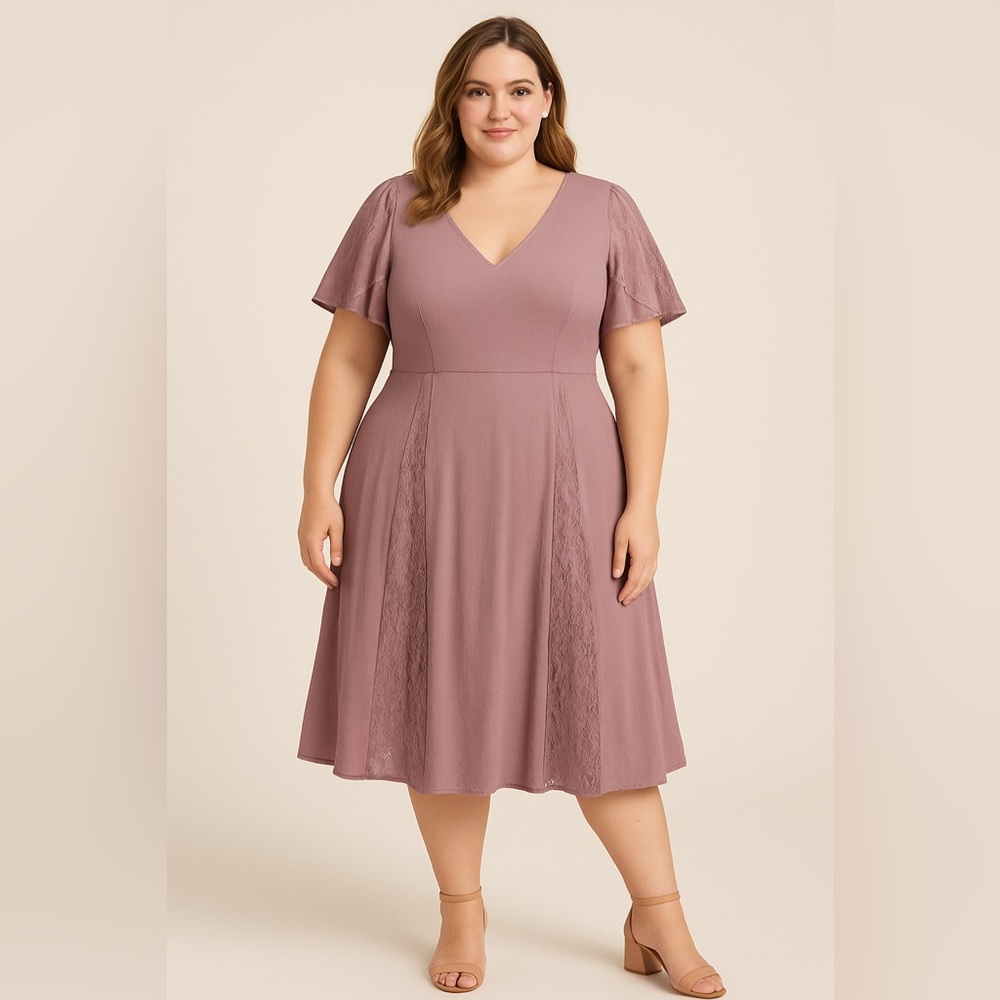 ASOS Curve Dusty Purple Midi Dress with Ruffle Sleeves, Size 24